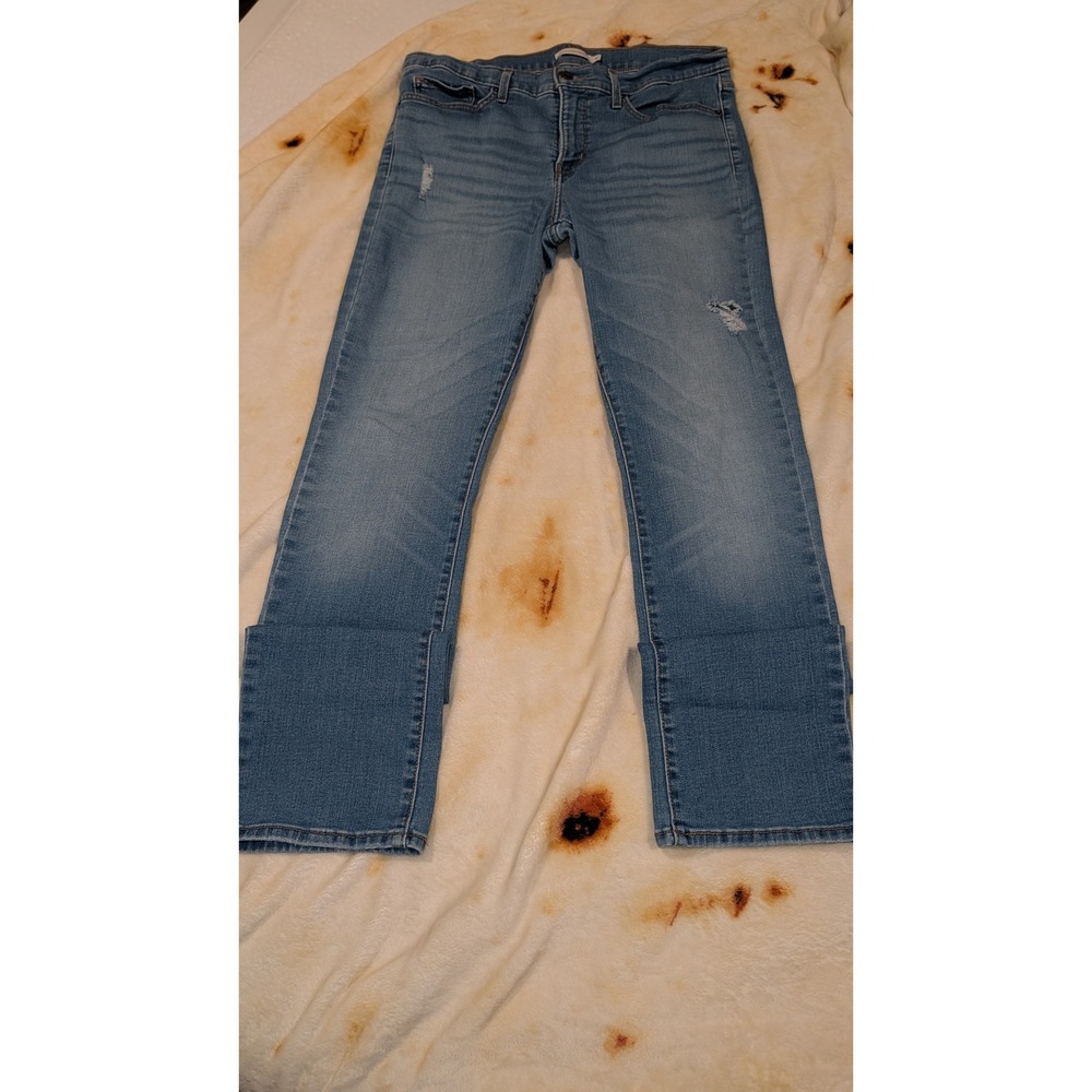 Levis 314 Shaping Straight Jeans Womens 32 Medium Wash Blue Distressed‎ Denim
